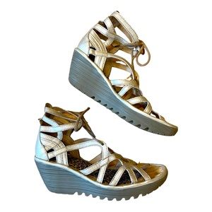 Fly London Yapi Metallic wedge lace up Sandals size 39